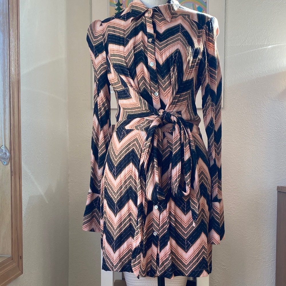 Free People Chevron Long Sleeve Dress in Pink and Black